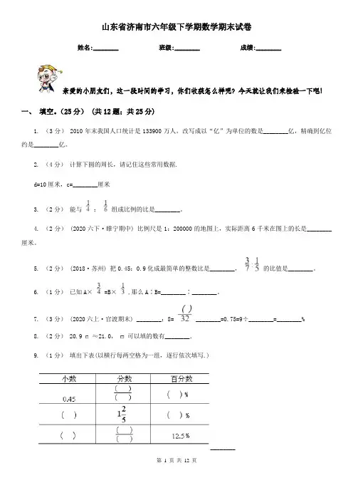 山东省济南市六年级下学期数学期末试卷