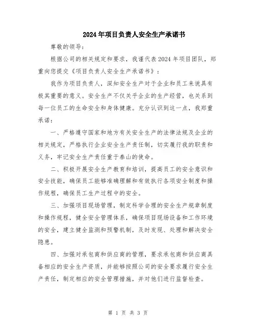 2024年项目负责人安全生产承诺书