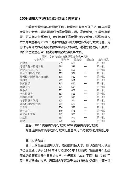2009四川大学理科录取分数线（内蒙古）