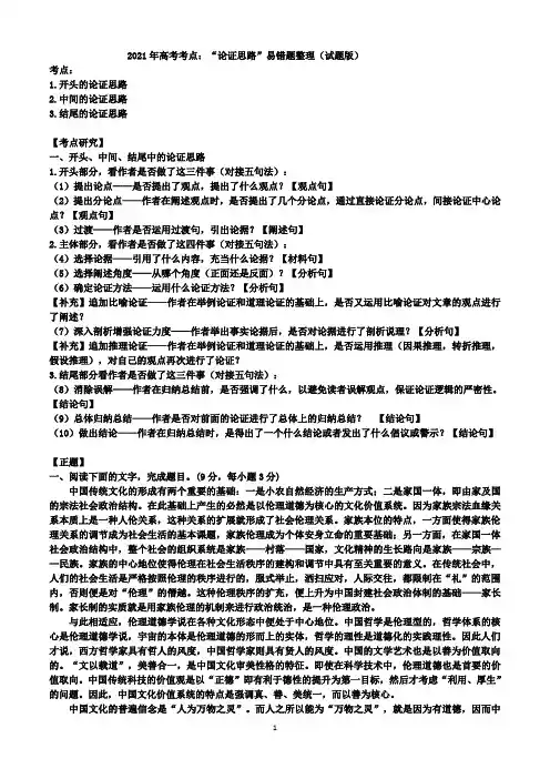 2021年高考考点：“论证思路”易错题整理(试题版)  含答案