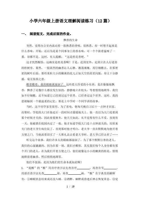 小学六年级上册语文理解阅读练习(12篇)