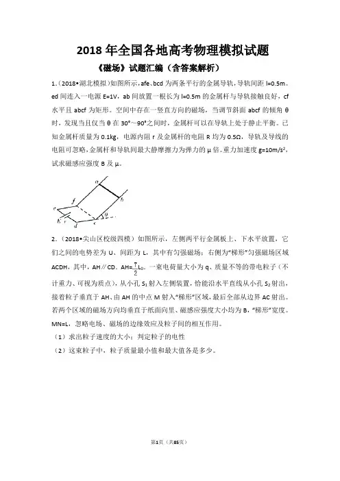 2018年全国各地高考物理模拟试题《磁场》试题汇编(含答案解析)