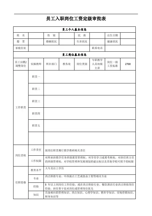 员工入职岗位工资定级审批表
