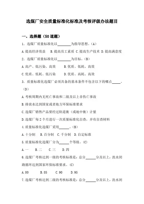 选煤厂安全质量标准化标准及考核评级办法题目