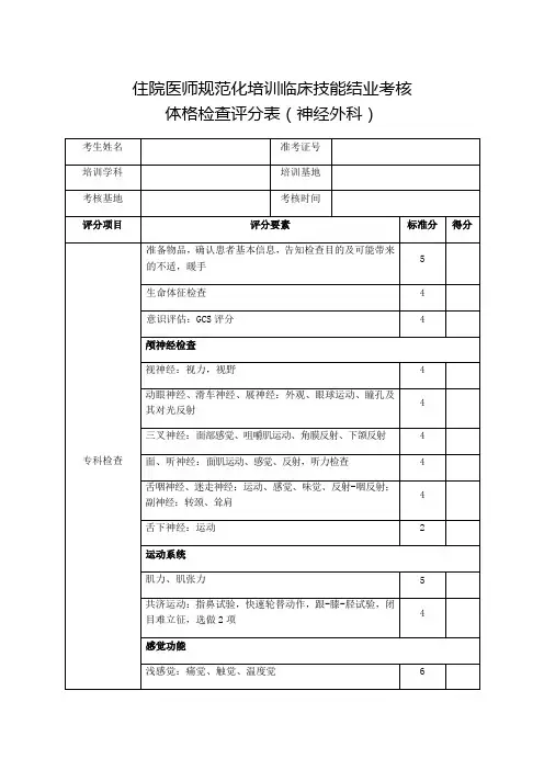 住院医师规范化培训临床技能结业考核体格检查评分表(神经外科)