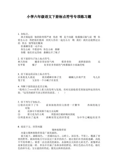 小学六年级语文下册标点符号专项练习题