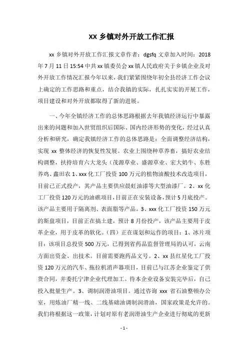 XX乡镇对外开放工作汇报