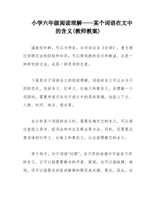 小学六年级阅读理解——某个词语在文中的含义(教师教案)