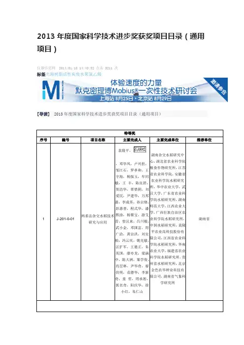 2013年度国家科学技术进步奖获奖项目目录