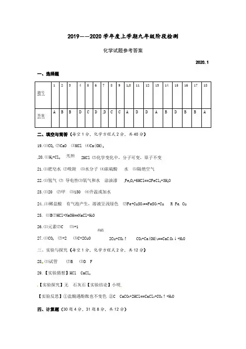 2019-2020学年山东临沂费县九年级上化学期末试题