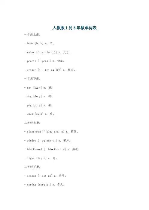 人教版1到6年级单词表
