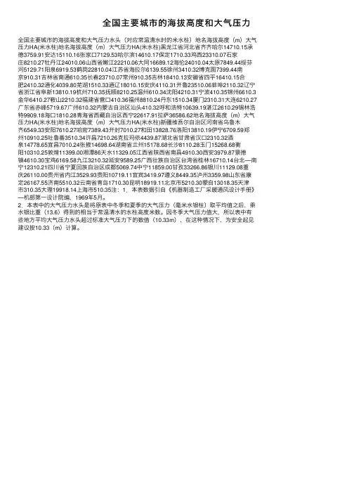 全国主要城市的海拔高度和大气压力