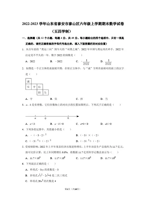 山东省泰安市泰山区2022-2023学年六年级上学期期末数学试卷(五四学制)