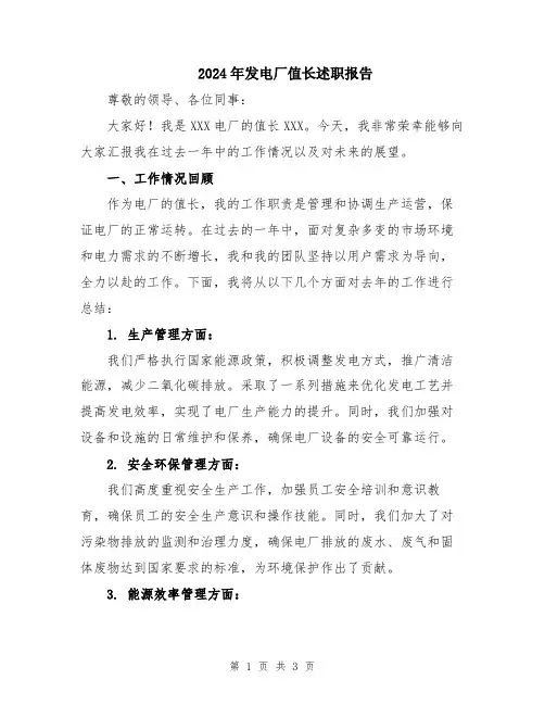 2024年发电厂值长述职报告
