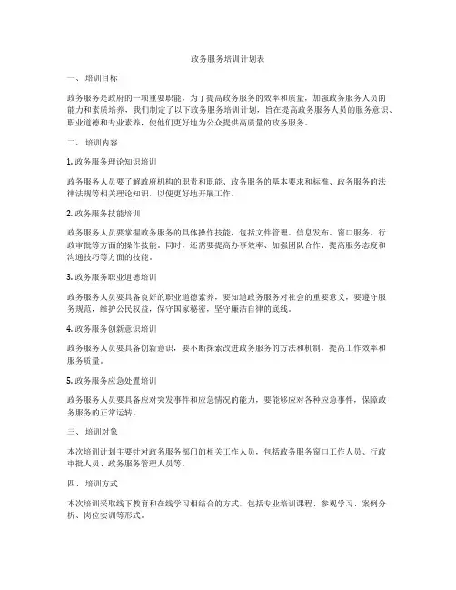 政务服务培训计划表