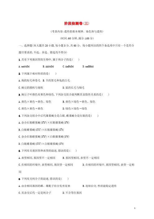 2023高考生物基础知识综合复习阶段检测卷三遗传的基本规律染色体与遗传