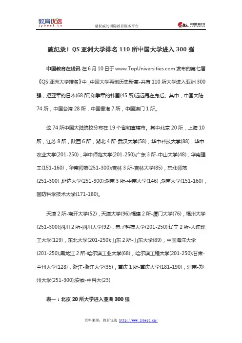 破纪录!QS亚洲大学排名110所中国大学进入300强