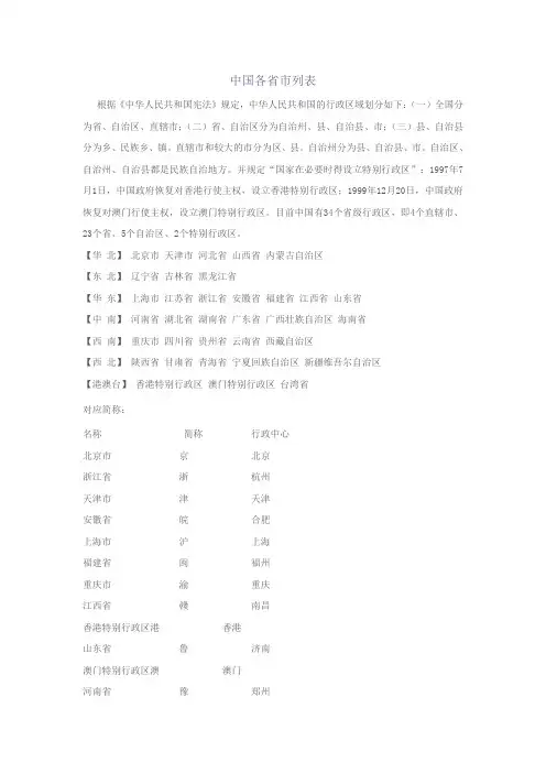 中国各省市列表