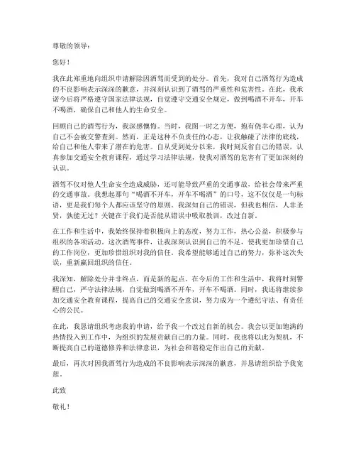 酒驾解除处分的个人申请书范本