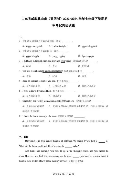 山东省威海乳山市(五四制)2023-2024学年七年级下学期期中考试英语试题