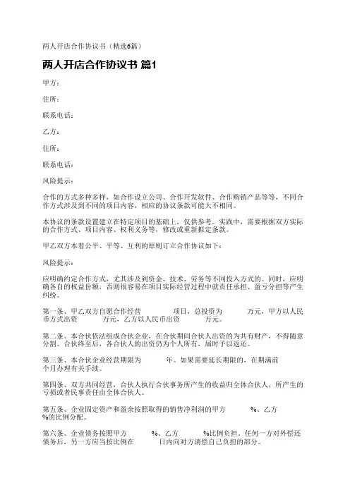两人开店合作协议书(精选6篇)