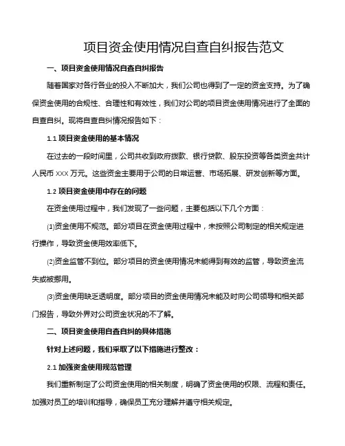 项目资金使用情况自查自纠报告范文