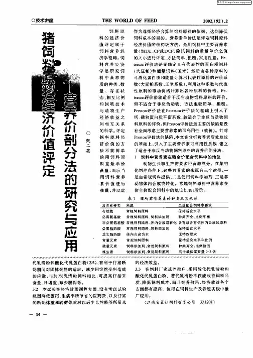 猪饲料原料经济价值评定—营养价剖分法的研究与应用