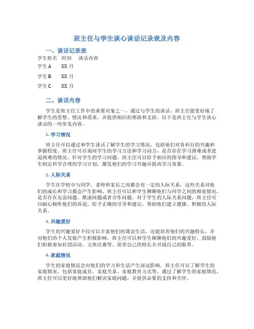 班主任与学生谈心谈话记录表及内容