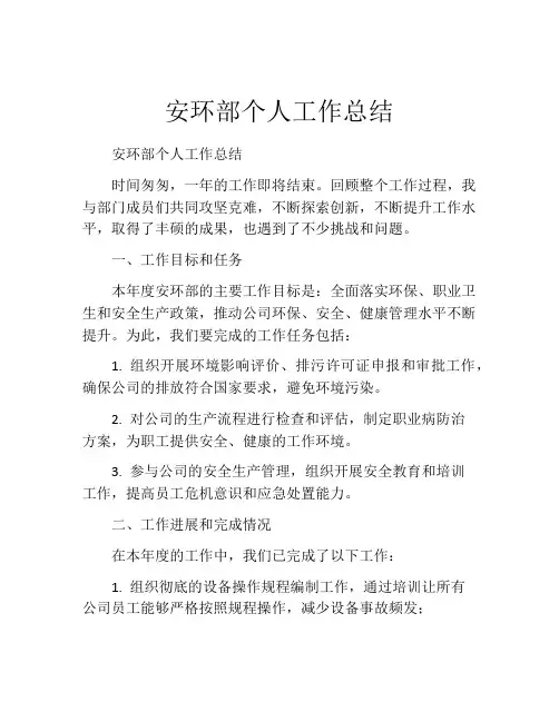 安环部个人工作总结