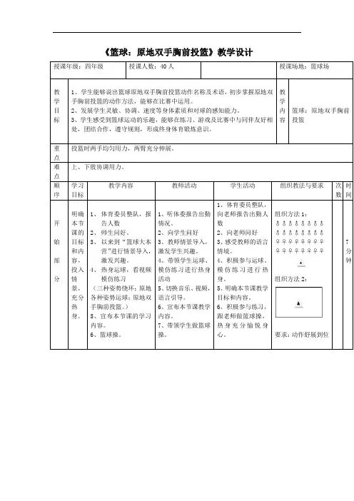 小学体育_篮球：原地双手胸前投篮教学设计学情分析教材分析课后反思
