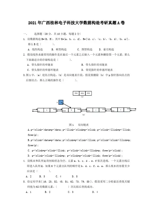 2017年广西桂林电子科技大学数据结构考研真题A卷