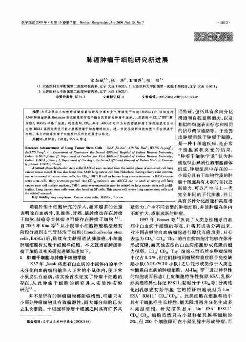 肺癌肿瘤干细胞研究新进展