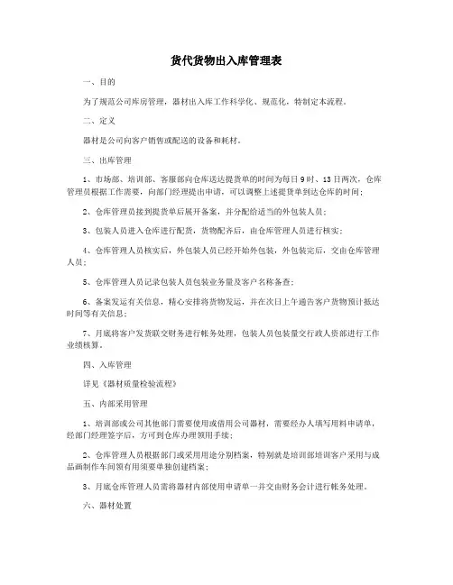 货代货物出入库管理表