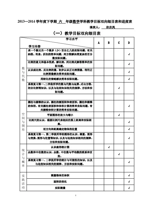 学年度下六年级数学进度和双向细目表
