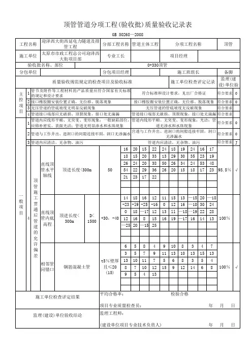 顶管管道分项工程(验收批)质量验收记录表