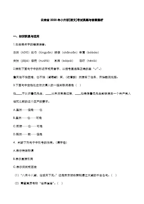 云南省2020年小升初[语文]考试真题与答案解析