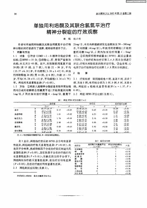 单独用利培酮及其联合氯氮平治疗精神分裂症的疗效观察