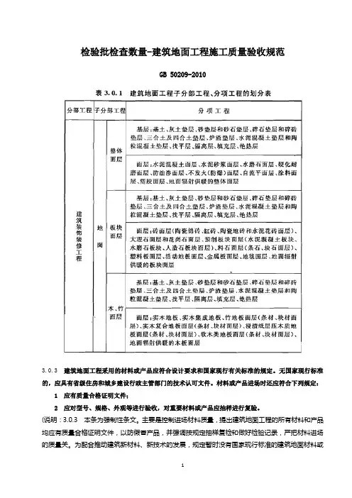 地面检验批检查数量-GB50209-2010建筑地面工程施工质量验收规范