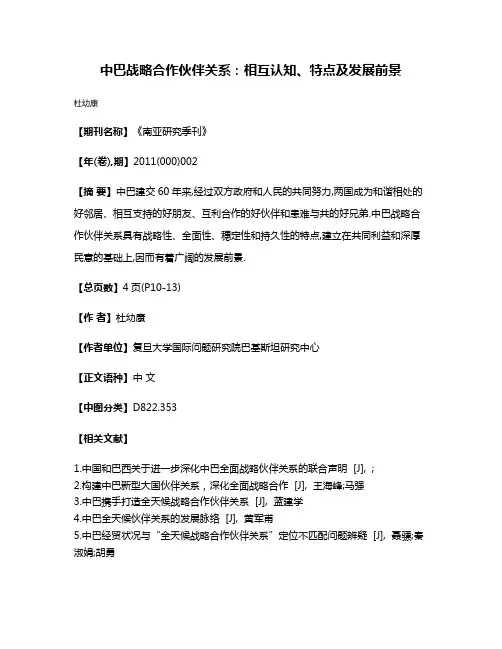 中巴战略合作伙伴关系:相互认知、特点及发展前景