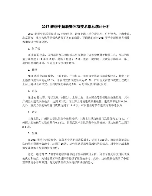 2017赛季中超联赛各项技术指标统计分析