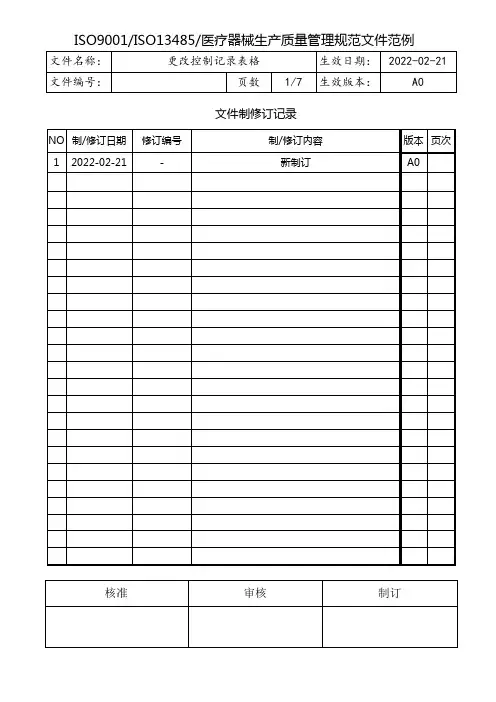 ISO13485更改控制表格汇编(中英文)