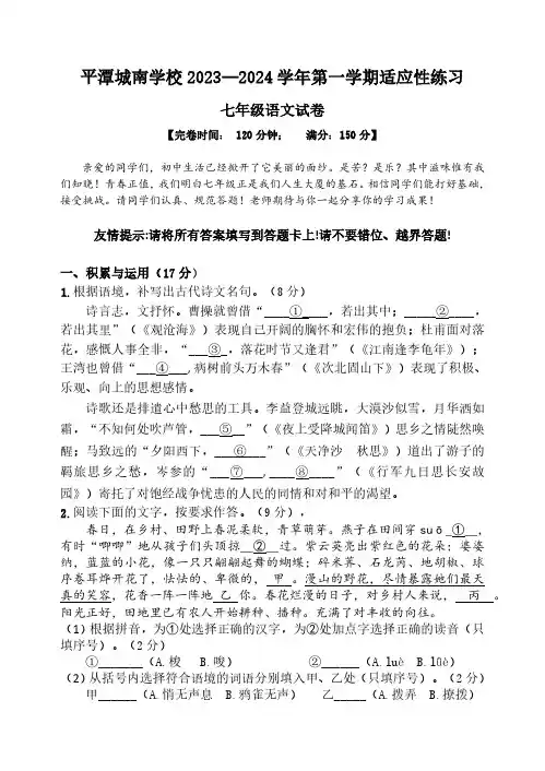 福建省福州市平潭城南学校2023—2024学年七年级上学期适应性练习语文试卷(含答案)