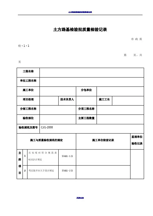 市政道路工程检验批质量检验记录表格全套