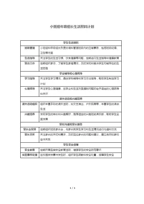 小班组年级组长生活照料计划