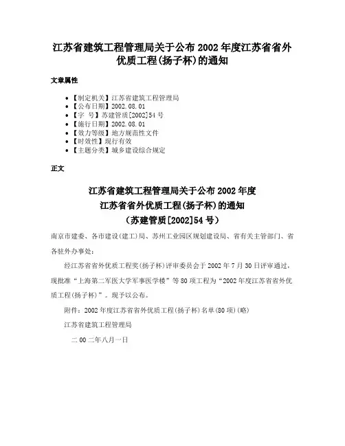 江苏省建筑工程管理局关于公布2002年度江苏省省外优质工程(扬子杯)的通知