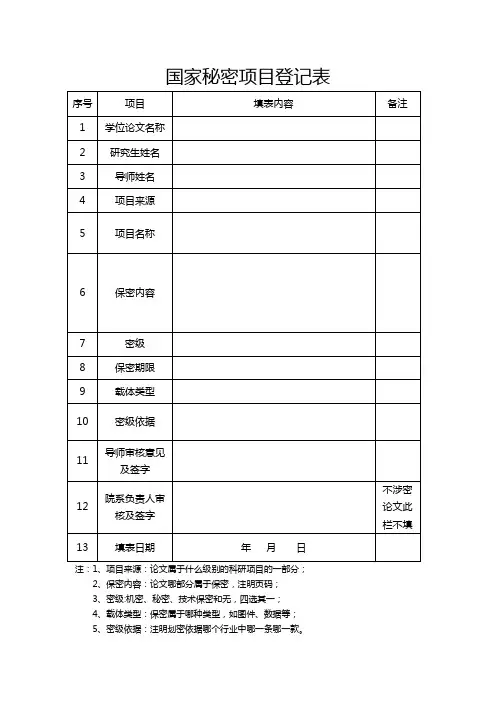 国家秘密项目登记表