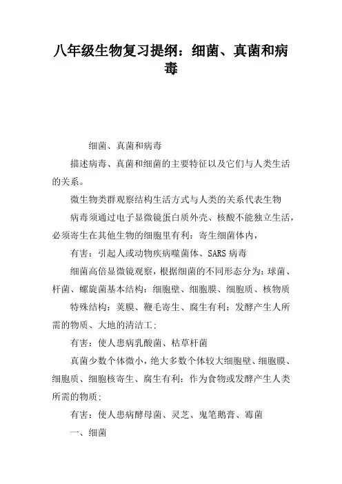 八年级生物复习提纲：细菌、真菌和病毒