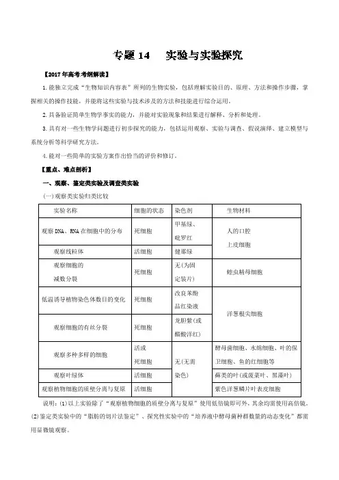 专题14 实验与实验探究专题-2017年高考生物考纲解读与