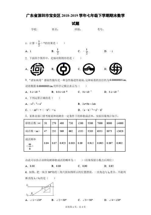广东省深圳市宝安区2018-2019学年七年级下学期期末数学试题