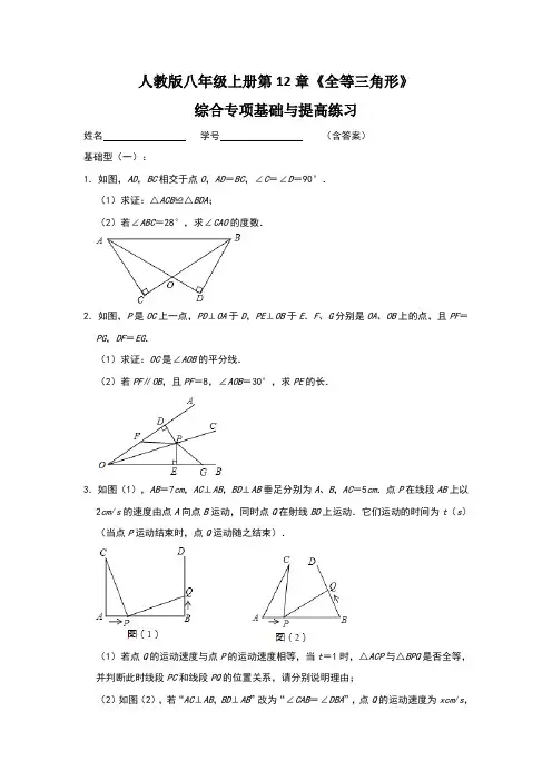 人教版八年级上册第12章《全等三角形》综合专项基础与提高练习(含答案)